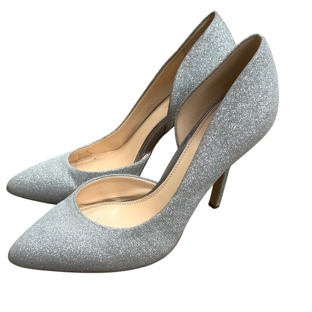 BCBGeneration Heels Women 9M Silver GUC Glitter Pointed Toe D'Orsay Stiletto